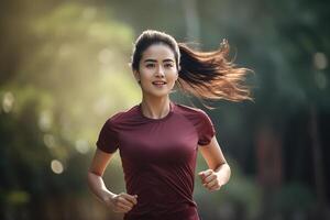 ai generato contento e salutare asiatico giovane donna in esecuzione e jogging foto