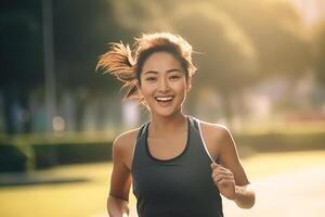 ai generato contento e salutare asiatico giovane donna in esecuzione e jogging foto