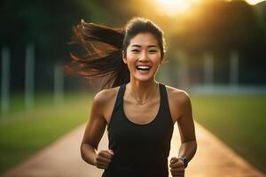 ai generato contento e salutare asiatico giovane donna in esecuzione e jogging foto