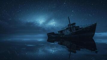ai generato ore notturne nave andare in barca attraverso il mare sotto il stellato cielo foto