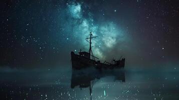 ai generato ore notturne nave andare in barca attraverso il mare sotto il stellato cielo foto