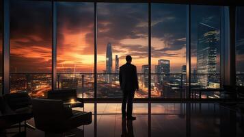 ai generato silhouette di un' uomo d'affari in piedi nel un' moderno ufficio con un' città Visualizza foto
