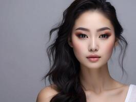 ai generato ritratto di bellissimo asiatico donna con lungo nero capelli e trucco foto