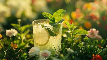 ai generato rinfrescante ghiacciato tè Limone e menta contorno nel illuminata dal sole terrazza tiro foto