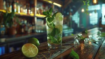 ai generato rinfrescante Mojito cocktail catturato con 50mm lente contro tropicale spiaggia fondale foto