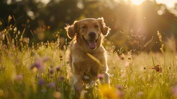 ai generato d'oro cane da riporto scherza nel illuminata dal sole prato in mezzo fiori selvatici catturato nel avvicinamento con 50mm lente foto