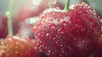 ai generato avvicinamento di fresco rosso ciliegia tratteggiata con acqua gocce foto