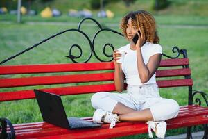 ritratto di africano americano donna con afro acconciatura seduta su il di legno panchina all'aperto e Lavorando su il computer portatile foto
