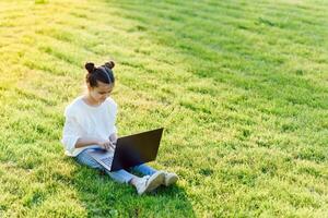 poco ragazza seduta nel il parco e Lavorando con il computer portatile. formazione scolastica, stile di vita, tecnologia concetto foto