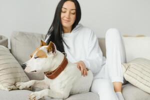 giovane donna e sua d'oro cane da riporto a casa. adorabile animale domestico. foto