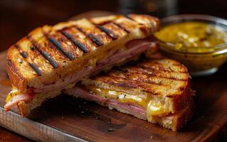 ai generato d'oro Marrone pane, fuso formaggio, e grigliato prosciutto Sandwich foto