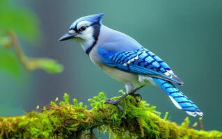 ai generato blu ghiandaia perching su denso muschio foto