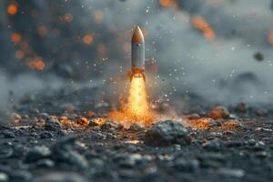 ai generato mini razzo prende via a partire dal il terra, selettivo messa a fuoco foto