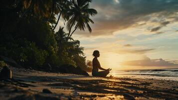 ai generato sereno meditazione a tropicale spiaggia Alba foto