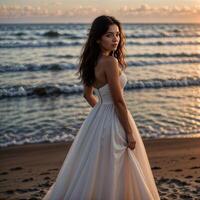 ai generato bellissimo ragazza sposa nel un' rosa bianca Tesoro tulle lungo ballo di fine anno toga sta su un' vedere spiaggia. foto