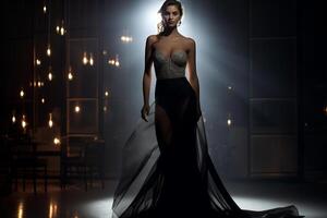 ai generato elegante sera toga nel alto moda servizio fotografico con affascinante modello su lucido moda film foto