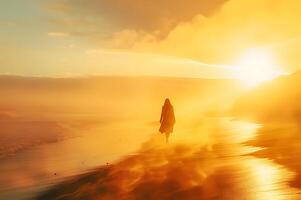 ai generato un' donna passeggiate lungo un' assolato spiaggia, con spazzato dal vento sabbie vorticoso in giro nel un' vasto, d'oro paesaggio foto