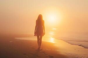 ai generato un' donna passeggiate lungo un' assolato spiaggia, con spazzato dal vento sabbie vorticoso in giro nel un' vasto, d'oro paesaggio foto