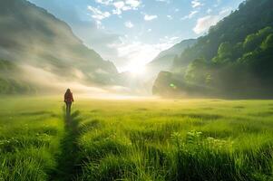 ai generato un' donna sta in mezzo un' nebbioso campo a Alba, evocando un' senso di avventura e la tranquillità nel il d'oro mattina leggero foto