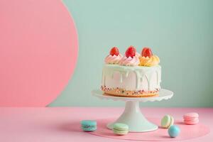 ai generato fantasia arcobaleno crema torta su pastello sfondo foto