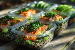 ai generato un' impostato di pasto prep contenitori pieno con grigliato salmone, avocado, quinoa, e fresco verdi. generativo ai. foto