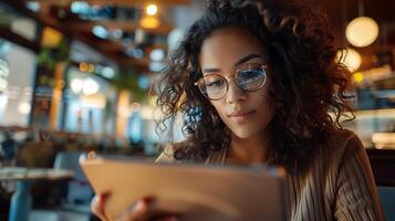 ai generato giovane donna sorrisi con senza fili cuffie godendo musica e tecnologia foto