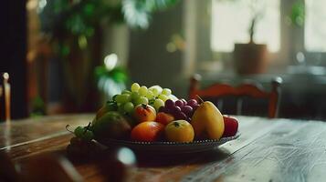 ai generato vivace frutta piatto illuminato di morbido naturale leggero su rustico tavolo cattura vivido colori e textures foto