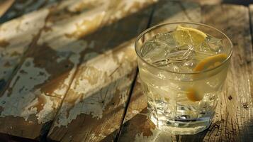 ai generato rinfrescante limonata si siede su rustico tavolo catturato nel largo tiro con 50mm lente foto