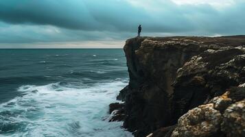 ai generato resiliente figura sta a tempestoso scogliera radiante forza in mezzo turbolento mari e spazzato dal vento scenario foto