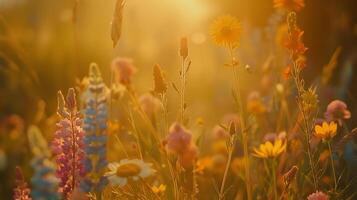 ai generato colorato fiori selvatici nel d'oro ora splendore un' avvicinamento campo ritratto foto