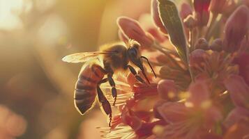 ai generato macro avvicinamento di ape impollinazione colorato fiore nel morbido naturale leggero foto