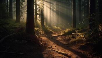 ai generato misterioso nebbia coperte tranquillo foresta, rivelatrice natura nascosto bellezza generato di ai foto