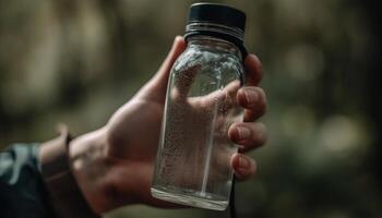 ai generato un' persona mano Tenere un' bicchiere di rinfrescante acqua generato di ai foto