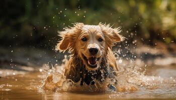 ai generato carino cucciolo giocando nel acqua, bagnato e allegro all'aperto generato di ai foto