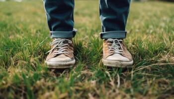 ai generato uomini sport scarpa a piedi su erba nel natura all'aperto generato di ai foto