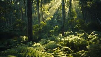 ai generato lussureggiante foresta bagnata nel luce del sole 50mm lente cattura naturale bellezza nel morbido leggero foto