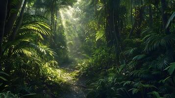 ai generato illuminata dal sole foresta vivace verde baldacchino e avvolgimento sentiero in il distanza foto