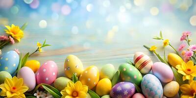 ai generato un Pasqua tema con uova, fiori e copia spazio foto