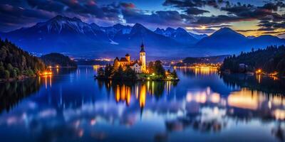 ai generato un' notte panorama di sanguinare, slovenia foto