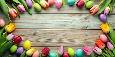 ai generato un' colorato Pasqua sfondo con tulipani e dipinto uova foto