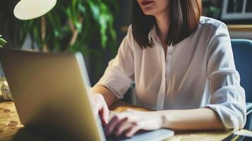 ai generato donna impegnato nel in linea formazione su il computer portatile. generativo ai. foto