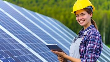 ai generato donna nel difficile cappello in piedi Il prossimo per solare pannello. generativo ai. foto