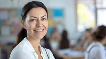 ai generato sorridente donna nel bianca camicia nel aula. generativo ai. foto