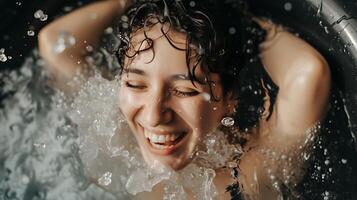 ai generato donna ridendo nel un ghiaccio bagno. generativo ai. foto