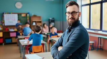 ai generato insegnante in piedi nel davanti di un' aula di studenti. generativo ai. foto