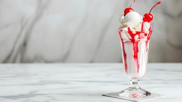 ai generato ghiaccio crema coppa di gelato guarnita con ciliegie e frustato crema. generativo ai foto