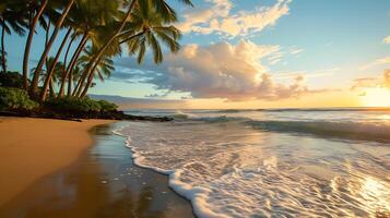 ai generato sbalorditivo tramonto al di sopra di palma albero spiaggia. generativo ai. foto