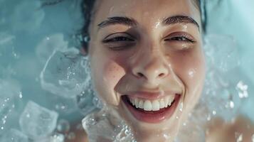 ai generato un' sorridente donna nuotate nel un' piscina di Ghiaccio. generativo ai. foto