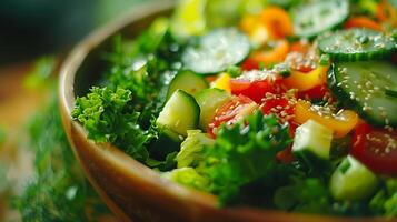 ai generato vivace insalata ciotola un' 50mm avvicinamento di fresco verdure con colorato condimenti cattura struttura e dettaglio foto