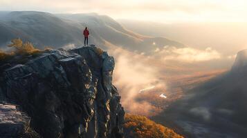 ai generato fiducia nel il sconosciuto Abbracciare una persona il nebbioso valle a tramonto foto